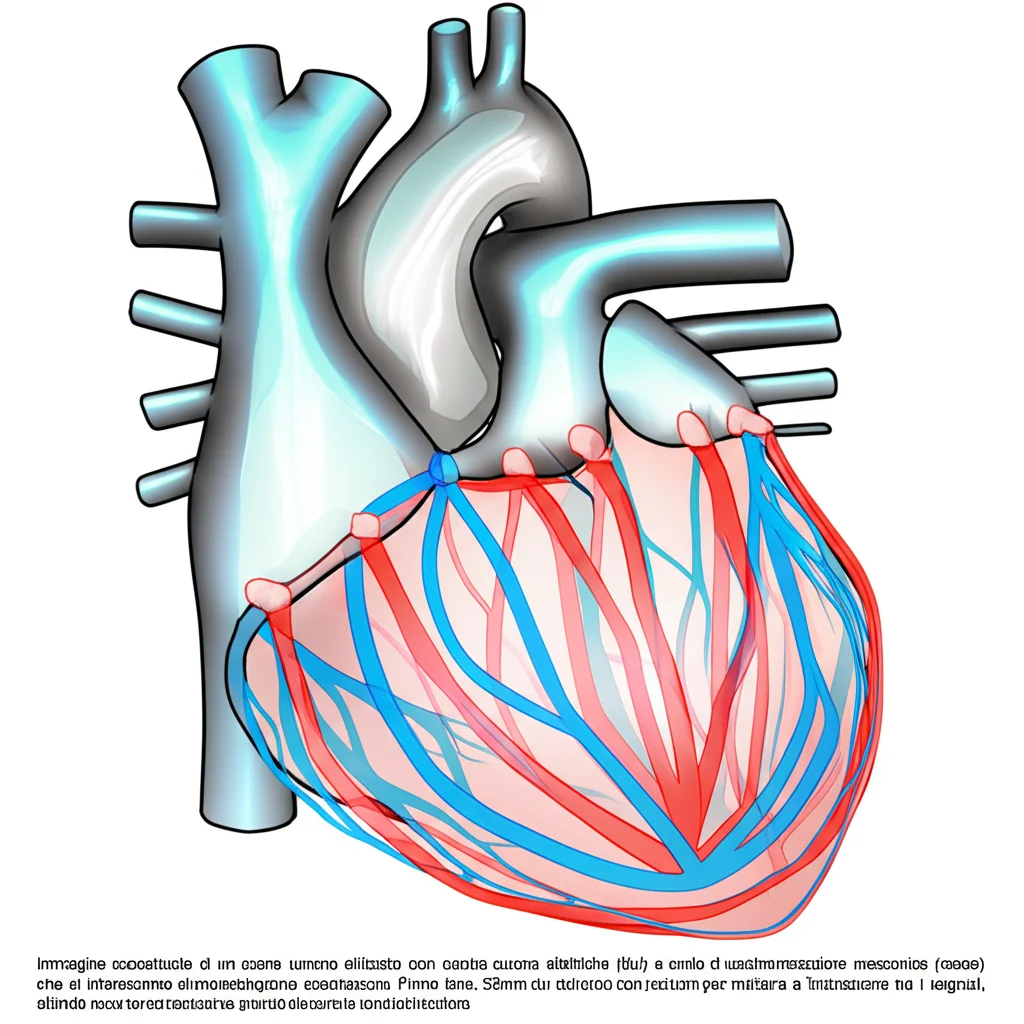 Immagine concettuale di un cuore umano stilizzato con onde elettriche (blu) e onde di contrazione meccanica (rosse) che si intersecano, a simboleggiare l'accoppiamento eccitazione-contrazione. Prime lens, 35mm, duotone blu e rosso, profondità di campo per mettere a fuoco l'interazione tra i segnali, sfondo scuro per enfatizzare i colori.