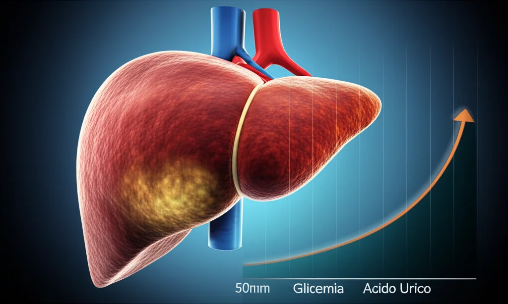 Immagine concettuale di un fegato umano sano che si trasforma gradualmente in un fegato grasso, con grafici stilizzati di glicemia e acido urico in aumento sullo sfondo. Illuminazione drammatica, obiettivo 50mm per un effetto realistico ma evocativo, con profondità di campo.