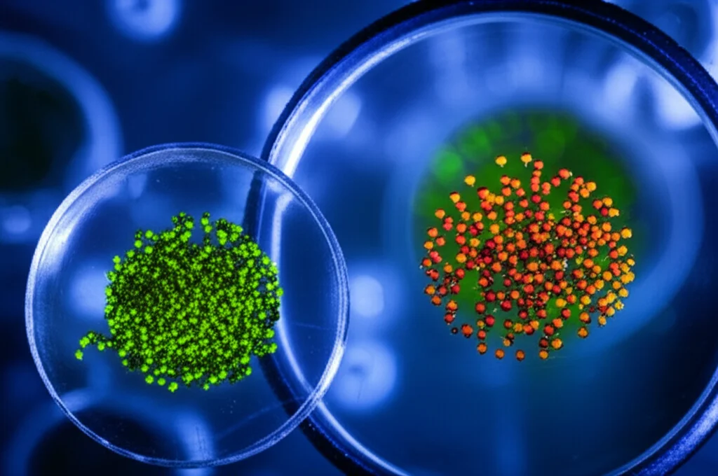 Immagine fotorealistica di due campioni di metallogel semiconduttori, uno a base di cadmio (Cd-AIA) e uno a base di mercurio (Hg-AIA), illuminati in un laboratorio high-tech, con dettagli microstrutturali visibili, lente macro 80mm, alta definizione, illuminazione da studio controllata, sfondo leggermente sfocato per enfatizzare i campioni.