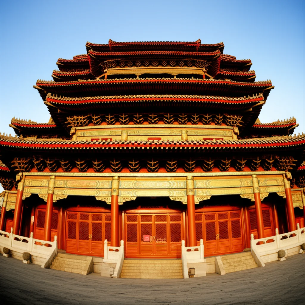 Imponente facciata di un antico palazzo cinese in legno riccamente decorato, fotografia grandangolare 20mm, luce dorata del tardo pomeriggio, messa a fuoco nitida che cattura i dettagli architettonici e la maestosità della struttura.
