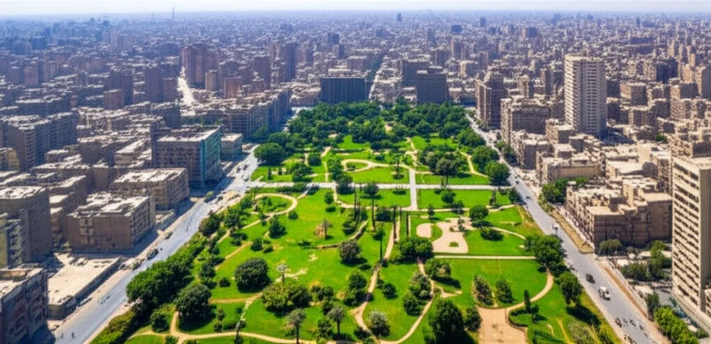 Photorealistic image showing a stark contrast between a lush green urban park and surrounding hot, grey built-up areas in an Egyptian city. Wide-angle lens, 24mm, high detail, depth of field.