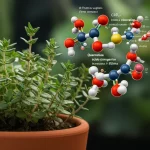 Pianta di Thymus vulgaris (timo comune) in un vaso, con dettagli delle sue piccole foglie verdi. Sullo sfondo, una rappresentazione grafica di molecole di quercetina e acido clorogenico che interagiscono con strutture proteiche stilizzate (EGFR e HSPA5), a simboleggiare la ricerca computazionale. Macro lens, 90mm, high detail, precise focusing, controlled lighting, con un leggero effetto bokeh sullo sfondo per mettere a fuoco la pianta e le molecole.