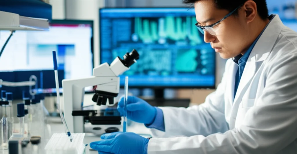 Ricercatore in laboratorio che osserva una beuta contenente una coltura di lievito Komagataella phaffii ingegnerizzato con CRISPR/Cas9. Sullo sfondo, schermi mostrano dati genomici e strutture proteiche. Illuminazione da laboratorio, profondità di campo, obiettivo 35mm.