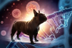 Un'immagine concettuale che mostra la silhouette di un bulldog francese sovrapposta a una visualizzazione astratta di filamenti di DNA e cellule tumorali, con un focus selettivo su alcuni geni evidenziati, utilizzando una lente macro da 100mm per un dettaglio elevato e un'illuminazione controllata che crea un'atmosfera scientifica ma accessibile.