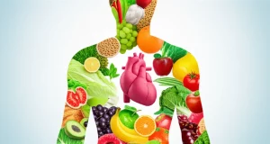 Un'immagine concettuale che mostra una silhouette di un cuore umano sano sovrapposta a un vibrante e diversificato ecosistema di microbi intestinali colorati, con cibi sani come frutta, verdura e cereali integrali che fluttuano intorno, simboleggiando la connessione tra dieta, microbiota e salute cardiovascolare. Obiettivo macro 100mm per i dettagli dei microbi e del cibo, illuminazione artistica e controllata per evidenziare la connessione.