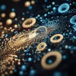 Visualizzazione artistica di uno sciame di particelle luminose che convergono dinamicamente verso molteplici fronti di Pareto ottimali in uno spazio tridimensionale astratto, simboleggiando l'efficacia dell'algoritmo TAMOPSO. Prime lens, 35mm, depth of field, duotone blu e oro, per un'immagine d'impatto sull'ottimizzazione.