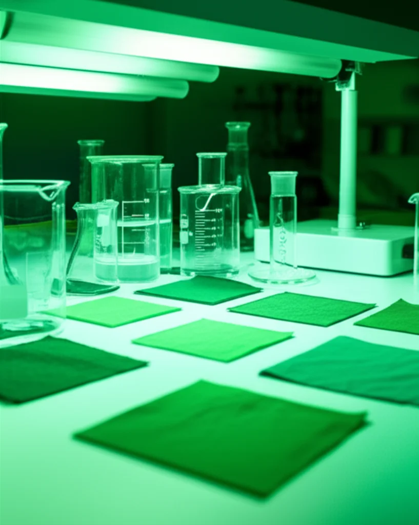 A laboratory setting with beakers, cotton fabric swatches, and a UV lamp, a 35mm portrait style shot focusing on the experimental setup, controlled lighting highlighting the green aspect.