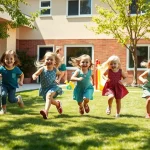 Bambini in età prescolare giocano spensierati all'aperto nel cortile soleggiato di un asilo nido, correndo sull'erba vicino a giochi colorati. Obiettivo 35mm, luce naturale brillante, fotografia realistica che cattura la gioia del movimento.
