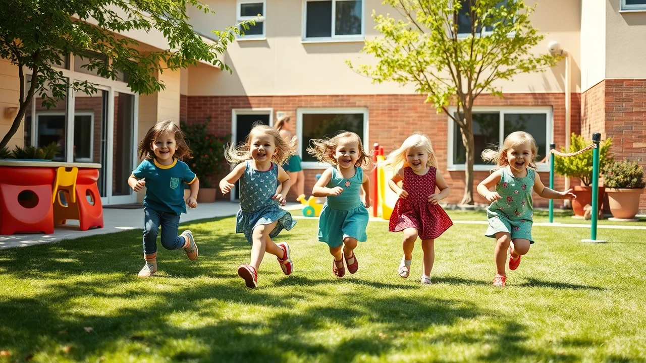 Bambini in età prescolare giocano spensierati all'aperto nel cortile soleggiato di un asilo nido, correndo sull'erba vicino a giochi colorati. Obiettivo 35mm, luce naturale brillante, fotografia realistica che cattura la gioia del movimento.