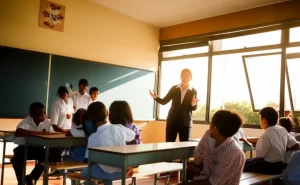Fotografia realistica di un'aula scolastica in una zona rurale australiana, luce pomeridiana che entra dalla finestra, un gruppo eterogeneo di studenti adolescenti, alcuni con background da rifugiati, interagiscono positivamente con un insegnante. Obiettivo 35mm, profondità di campo, colori caldi, atmosfera di speranza e apprendimento.