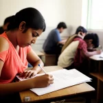 Group of diverse adolescents in a bright school classroom in Bangladesh, focused on filling out questionnaires, 35mm portrait, depth of field.