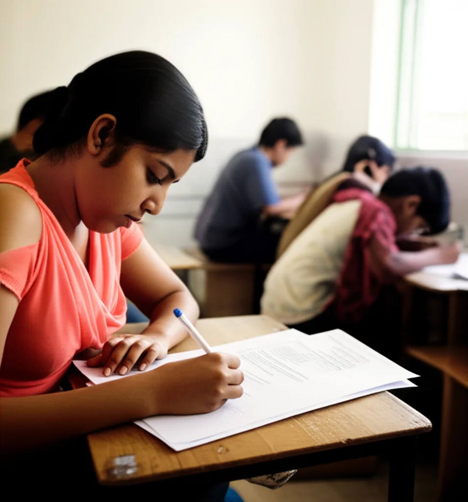 Group of diverse adolescents in a bright school classroom in Bangladesh, focused on filling out questionnaires, 35mm portrait, depth of field.