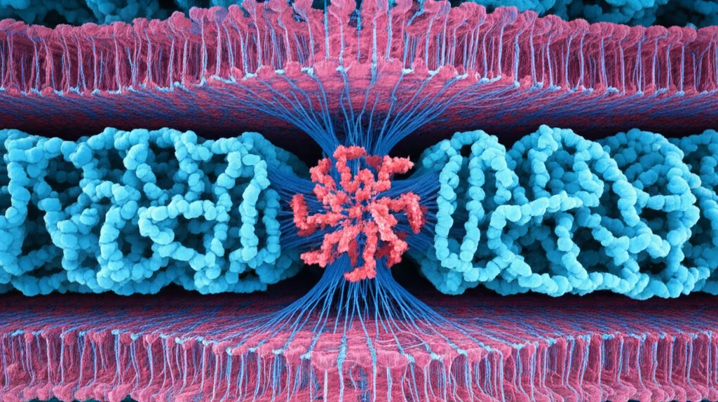 High detail macro image of a protein channel structure embedded in a lipid bilayer, representing the TRPV3 pentamer, with focus on the central pore.