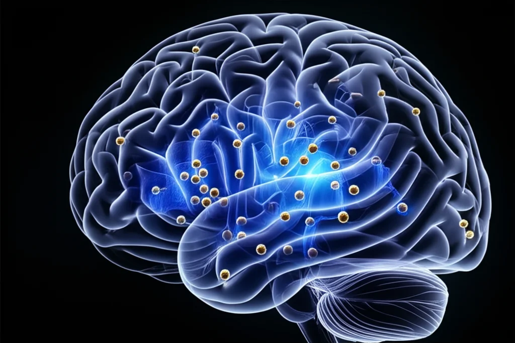 Illustrazione fotorealistica concettuale che mostra nanoparticelle LiPBAE dorate che rilasciano microRNA (eliche blu luminose) all'interno di cellule di glioblastoma scure e ramificate nel contesto di un cervello stilizzato, sfondo nero, illuminazione drammatica focalizzata sulle nanoparticelle, alta definizione, stile cinematografico.