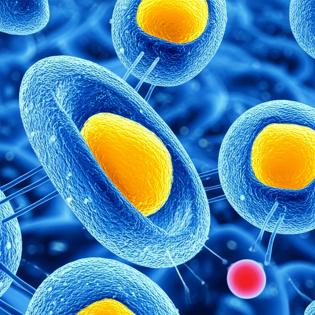Illustrazione scientifica concettuale che mostra la radioterapia che colpisce le cellule tumorali del colon-retto, con un focus secondario sull'aumento delle molecole di colesterolo che inibiscono la via cGAS-STING, con dettagli ad alta precisione e illuminazione da laboratorio, obiettivo macro 90mm, colori duotone blu e giallo.