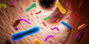 Immagine concettuale artistica del microbiota intestinale, con batteri stilizzati di vari colori e forme che fluttuano in un ambiente che ricorda l'intestino, illuminazione drammatica con fasci di luce, macro lens, 100mm, high detail, a simboleggiare la sua complessità e il suo ruolo nella salute e nella malattia, in particolare il tumore ovarico.