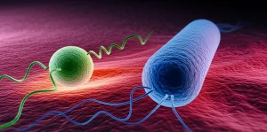 Immagine concettuale che rappresenta la complessità della co-infezione da tubercolosi (TB) e micobatteri non tubercolari (NTM), con due tipi di batteri stilizzati, Mycobacterium tuberculosis e un NTM, che si sovrappongono su uno sfondo che richiama un tessuto polmonare danneggiato visualizzato al microscopio, illuminazione drammatica e contrastata, obiettivo macro 60mm, alta definizione, con dettagli precisi sui batteri.