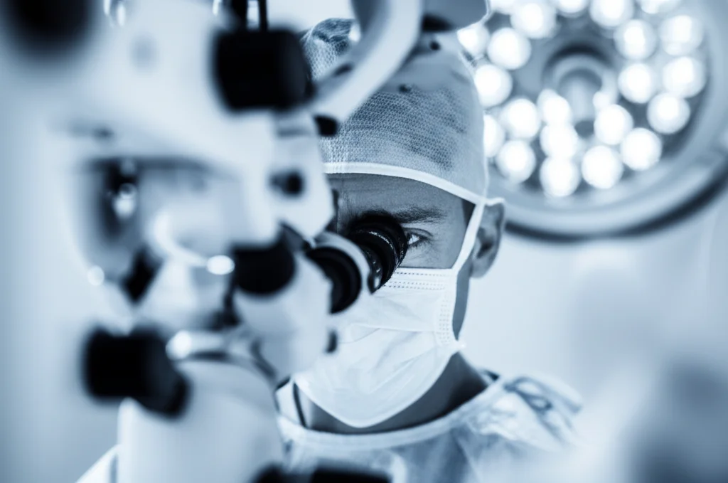 Photorealistic image: A neurosurgeon's focused face, illuminated by surgical lights, seen through a surgical microscope eyepiece. Depth of field, with the background slightly blurred. 35mm portrait style, perhaps with subtle blue and grey duotones to emphasize the clinical and focused atmosphere. The image should convey intense concentration and precision.