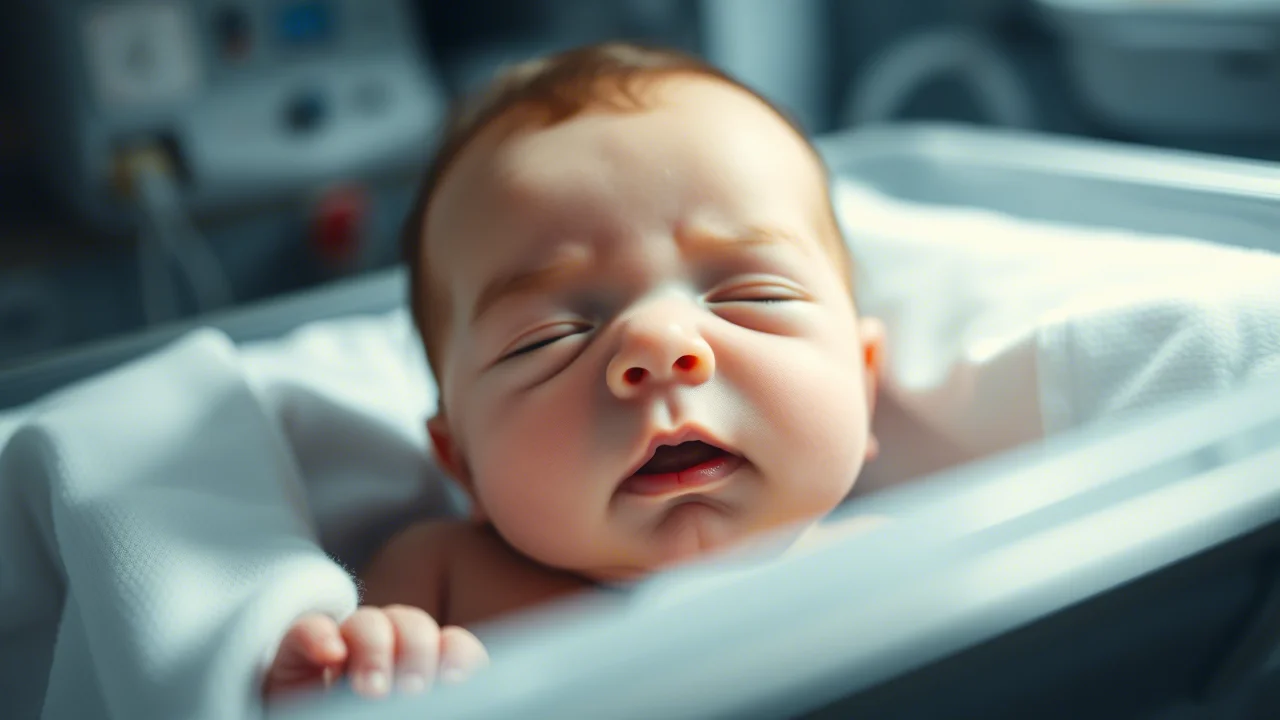 Photorealistic image of a close-up portrait of a tiny preterm baby's face in an incubator, with gentle lighting and soft focus on the background medical equipment. Portrait photography, 35mm portrait, depth of field.
