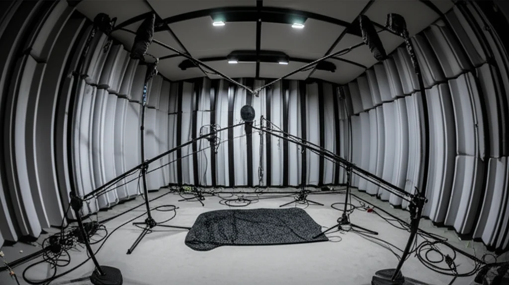 Photorealistic wide-angle shot inside a modern automotive alpha cabin. Acoustic diffusers are visible on the walls and ceiling. A sample of dark grey fibrous material is placed on the floor. Measuring microphones are positioned around the room. 28mm lens, high detail, controlled lighting, depth of field focusing on the material sample.