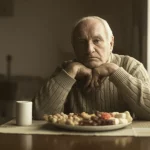 Primo piano di un uomo anziano, circa 65 anni, con un'espressione pensierosa, seduto a un tavolo. Davanti a lui, un piatto con cibi processati e zuccherati. Luce soffusa da una finestra laterale, creando un'atmosfera intima. Obiettivo da ritratto 35mm, profondità di campo per mettere a fuoco il viso e il cibo. Toni di colore seppia e grigio per un effetto malinconico.