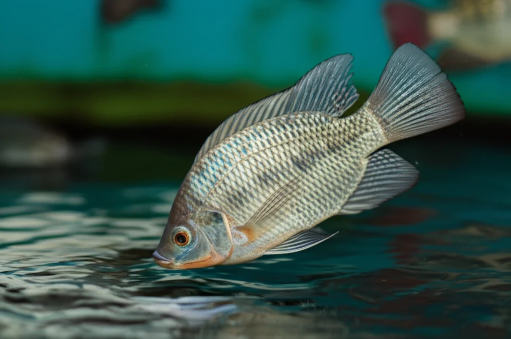 Primo piano fotorealistico di una Tilapia del Nilo (Oreochromis niloticus) in salute che emerge dall'acqua limpida di un impianto di acquacoltura sostenibile. Luce naturale, messa a fuoco nitida sul pesce, obiettivo prime 35mm, profondità di campo.