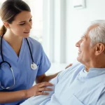 Un paziente anziano seduto sul letto d'ospedale, con un'infermiera che controlla i suoi parametri vitali dopo un intervento di chirurgia toracoscopica per cancro al polmone. L'ambiente è sereno e luminoso, l'infermiera ha un'espressione rassicurante. Obiettivo prime 50mm, luce naturale dalla finestra, profondità di campo che sfoca leggermente lo sfondo per concentrarsi sull'interazione.