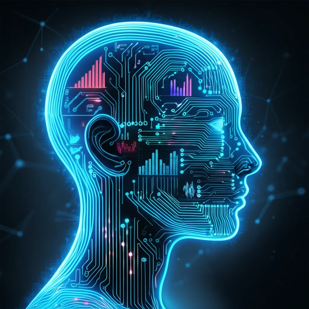 Un'immagine concettuale che rappresenta l'intelligenza artificiale (simboleggiata da circuiti neurali luminosi interconnessi) che analizza complessi dati medici (grafici di sopravvivenza stilizzati, profili genetici astratti) per identificare sottogruppi distinti di pazienti, visualizzati come cluster colorati. Obiettivo prime, 50mm, depth of field, con colori duotone blu e ciano per un look futuristico e scientifico, high detail sui circuiti e sui cluster.