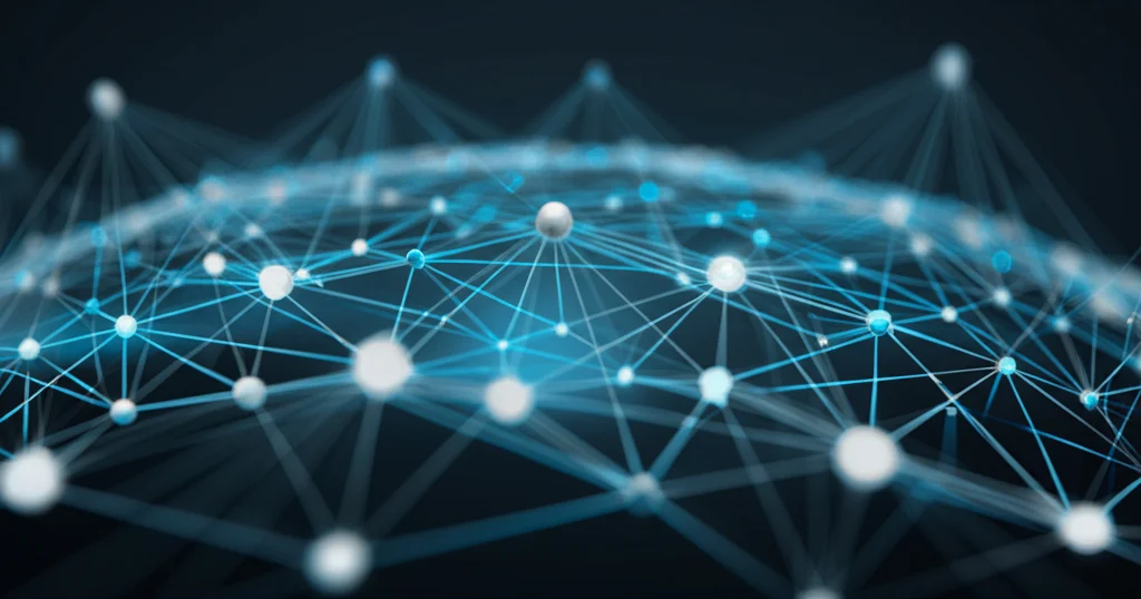 Un'immagine concettuale di una rete neurale decentralizzata che si adatta dinamicamente, con nodi luminosi che rappresentano dispositivi IoT edge che collaborano attivamente. Fotografia wide-angle 10mm, lunga esposizione per mostrare il flusso di dati e l'adattabilità del sistema, focus nitido sui nodi interconnessi, il tutto in una palette di colori duotone blu elettrico e grigio antracite per evocare l'efficienza dell'apprendimento federato e della gestione dinamica delle risorse in un ambiente high-tech.