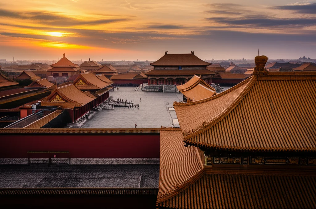 Veduta aerea della Città Proibita a Pechino al tramonto, tetti dorati e cortili vasti illuminati dalla luce calda, fotografia paesaggistica, obiettivo grandangolare 15mm, lunga esposizione per nuvole soffuse e cielo drammatico.
