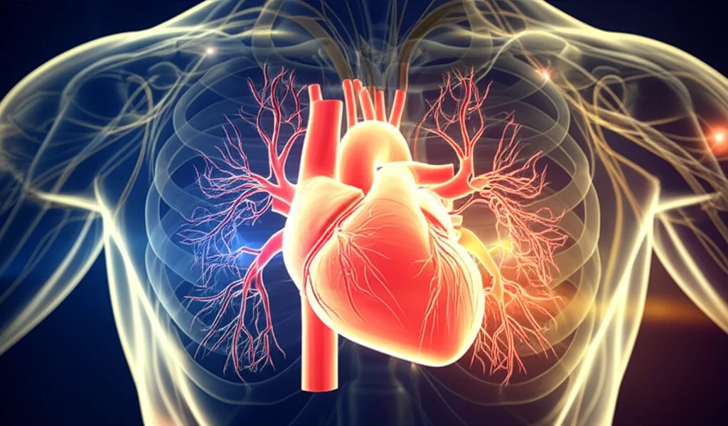 Visualizzazione artistica del concetto di salute integrata: cuore, polmoni e cervello interconnessi, simboleggianti i 9 Pilastri Cruciali (LC9). Stile fotorealistico con obiettivo 50mm, profondità di campo accentuata, illuminazione soffusa e calda.