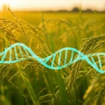 Fotografia di un campo di riso sano e rigoglioso al tramonto, con in sovrimpressione una rappresentazione stilizzata della doppia elica del DNA e del sistema CRISPR. Obiettivo grandangolare 24mm, luce calda del tramonto, focus nitido sulle piante di riso in primo piano e leggero bokeh sullo sfondo.