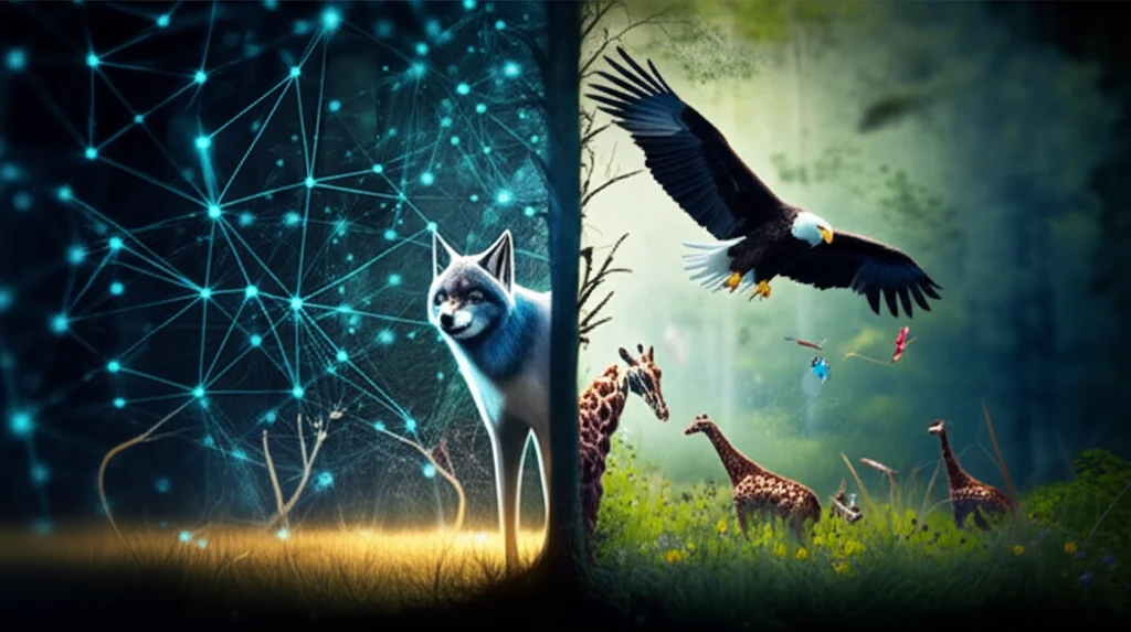 Immagine composita fotorealistica: a sinistra, una rete neurale astratta con nodi luminosi e connessioni digitali; a destra, un paesaggio naturale diversificato con vari animali (un lupo tra gli alberi, un'aquila in volo, insetti su fiori); le due metà si fondono al centro simboleggiando l'integrazione tra AI ed ecologia. Obiettivo zoom 35mm, profondità di campo che sfoca leggermente lo sfondo, illuminazione drammatica e suggestiva.