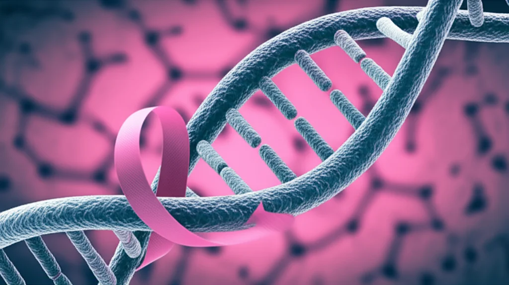 Immagine concettuale che mostra una doppia elica di DNA stilizzata intrecciata con un nastro rosa della consapevolezza sul cancro al seno, sfondo astratto con pattern cellulari, colori duotone rosa e blu scuro, obiettivo prime 35mm, profondità di campo.