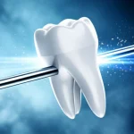 Immagine concettuale di un trattamento ortodontico accelerato: un dente canino stilizzato che si muove rapidamente lungo un filo ortodontico, con piccole scintille o effetti di luce che simboleggiano le micro-osteoperforazioni. Sfondo astratto high-tech blu e argento. Obiettivo macro 100mm, illuminazione drammatica, alta definizione, controlled lighting.
