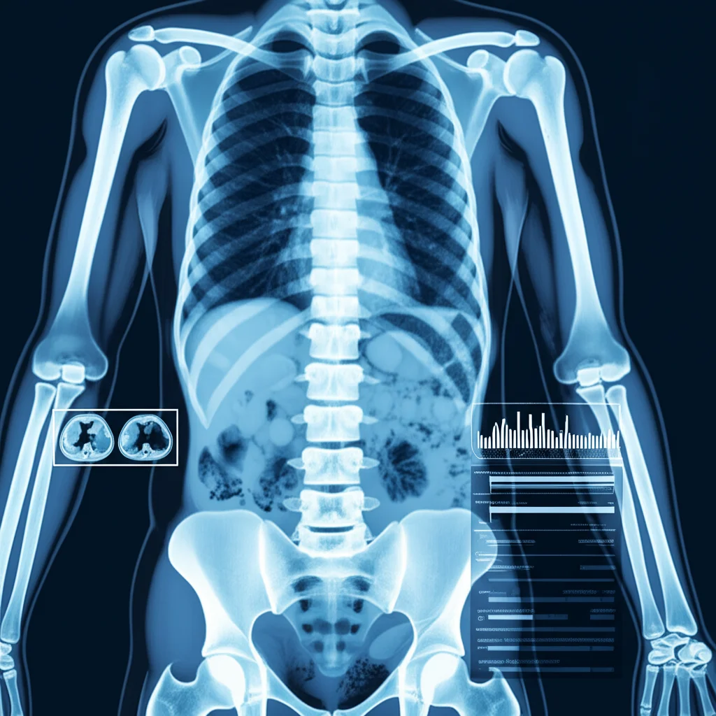 Immagine concettuale di un'analisi medica avanzata tramite intelligenza artificiale che mostra la composizione corporea da una TAC, con grafici prognostici sovrapposti. Obiettivo prime, 35mm, duotone blu e grigio, profondità di campo.