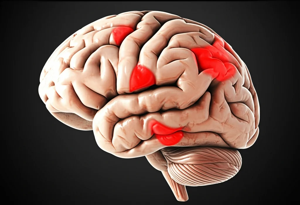 Immagine concettuale fotorealistica del cervello umano con aree evidenziate in rosso a simboleggiare il rischio di trasformazione emorragica dopo un ictus ischemico, vista dettagliata con obiettivo macro 90mm, illuminazione laterale drammatica per enfatizzare le texture.