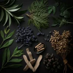 Immagine fotorealistica di diverse piante medicinali africane (foglie verdi brillanti, cortecce scure e radici nodose) artisticamente disposte su una superficie di legno antico e scuro. La scena è illuminata da una luce naturale morbida che filtra da una finestra laterale, creando ombre delicate. Obiettivo macro 90mm, alta definizione delle texture delle piante, messa a fuoco selettiva su una foglia particolare, atmosfera calda, terrosa e leggermente misteriosa che evoca la medicina tradizionale.