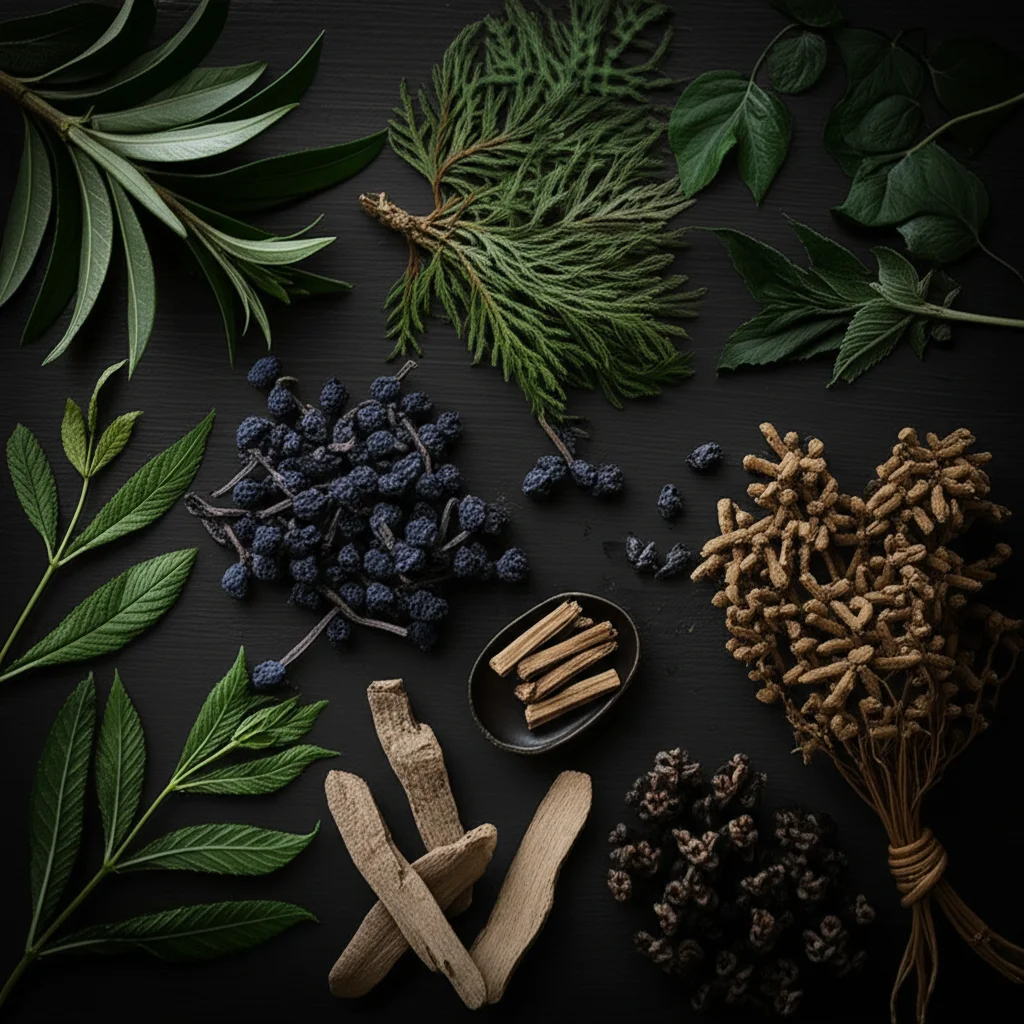 Immagine fotorealistica di diverse piante medicinali africane (foglie verdi brillanti, cortecce scure e radici nodose) artisticamente disposte su una superficie di legno antico e scuro. La scena è illuminata da una luce naturale morbida che filtra da una finestra laterale, creando ombre delicate. Obiettivo macro 90mm, alta definizione delle texture delle piante, messa a fuoco selettiva su una foglia particolare, atmosfera calda, terrosa e leggermente misteriosa che evoca la medicina tradizionale.