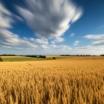 Immagine fotorealistica di un paesaggio agricolo nelle pianure della Germania orientale, wide-angle 18mm, con campi coltivati che si estendono fino all'orizzonte sotto un cielo parzialmente nuvoloso, simbolo dell'interazione tra uso del suolo, evapotraspirazione e ciclo dell'acqua. Long exposure per nuvole setose, sharp focus.