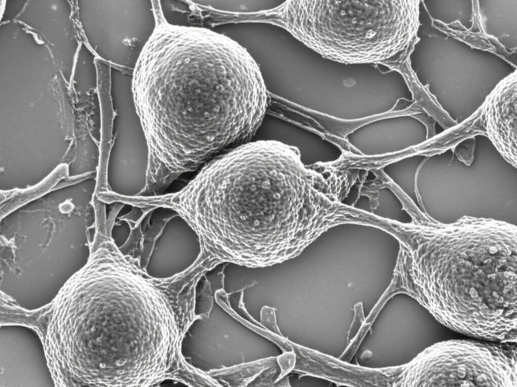Micrografia elettronica a scansione fotorealistica di cellule trofoblastiche bovine, alcune delle quali mostrano segni di infezione da Brucella e alterazioni mitocondriali evidenti come rigonfiamento e perdita delle creste. Dettagli elevati, illuminazione da laboratorio, obiettivo macro 105mm.