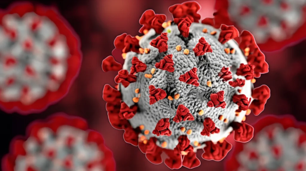 Photorealistic macro shot of SARS-CoV-2 virus particle, 105mm macro lens, high detail, precise focusing, controlled lighting.
