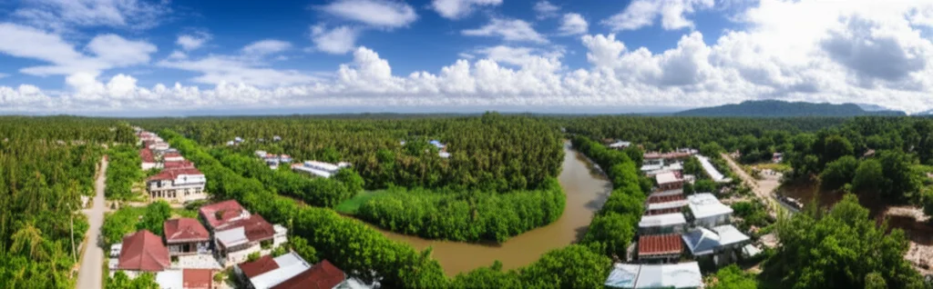 Photorealistic wide-angle landscape image capturing the intersection of tropical environment and human settlement in Southeast Asia, showing elements of both natural landscape and built-up areas, with implied presence of water sources, 24mm wide-angle lens, sharp focus, controlled lighting.