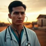 Primo piano di un medico con stetoscopio al collo, sullo sfondo sfocato un villaggio in un paese a basse risorse, al tramonto. Il medico ha un'espressione pensierosa ma determinata. Obiettivo prime, 50mm, profondità di campo, luce dorata del tramonto, colori caldi e saturi per un effetto cinematografico.