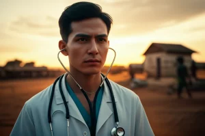 Primo piano di un medico con stetoscopio al collo, sullo sfondo sfocato un villaggio in un paese a basse risorse, al tramonto. Il medico ha un'espressione pensierosa ma determinata. Obiettivo prime, 50mm, profondità di campo, luce dorata del tramonto, colori caldi e saturi per un effetto cinematografico.