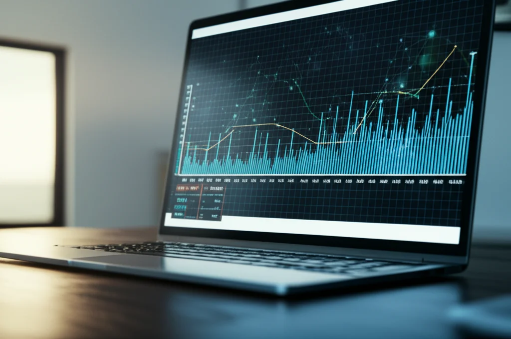 Primo piano di uno schermo di computer che mostra grafici complessi di dati epidemiologici COVID-19 e una visualizzazione astratta di una rete neurale, riflessi luminosi sullo schermo, illuminazione da ufficio controllata e soffusa, obiettivo macro 85mm, alta definizione.