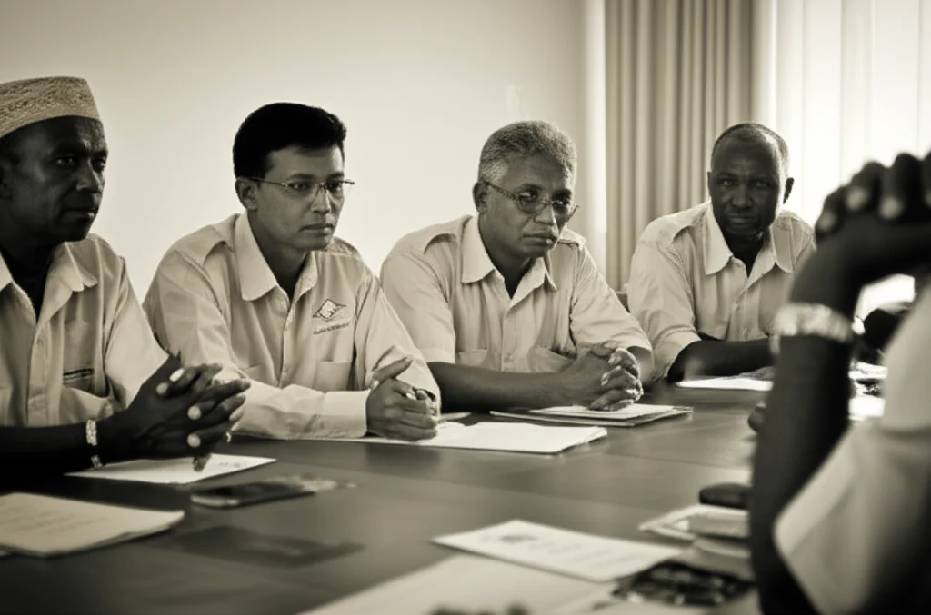 Un gruppo di operatori umanitari e ricercatori discute animatamente attorno a un tavolo in un contesto di crisi, forse in un ufficio temporaneo nel Darfur. Obiettivo prime da 24mm per un'ampia visuale della scena, toni duotone seppia e grigio per un'atmosfera seria, profondità di campo per mettere a fuoco le espressioni preoccupate, simboleggiando le complesse decisioni etiche nella ricerca umanitaria.