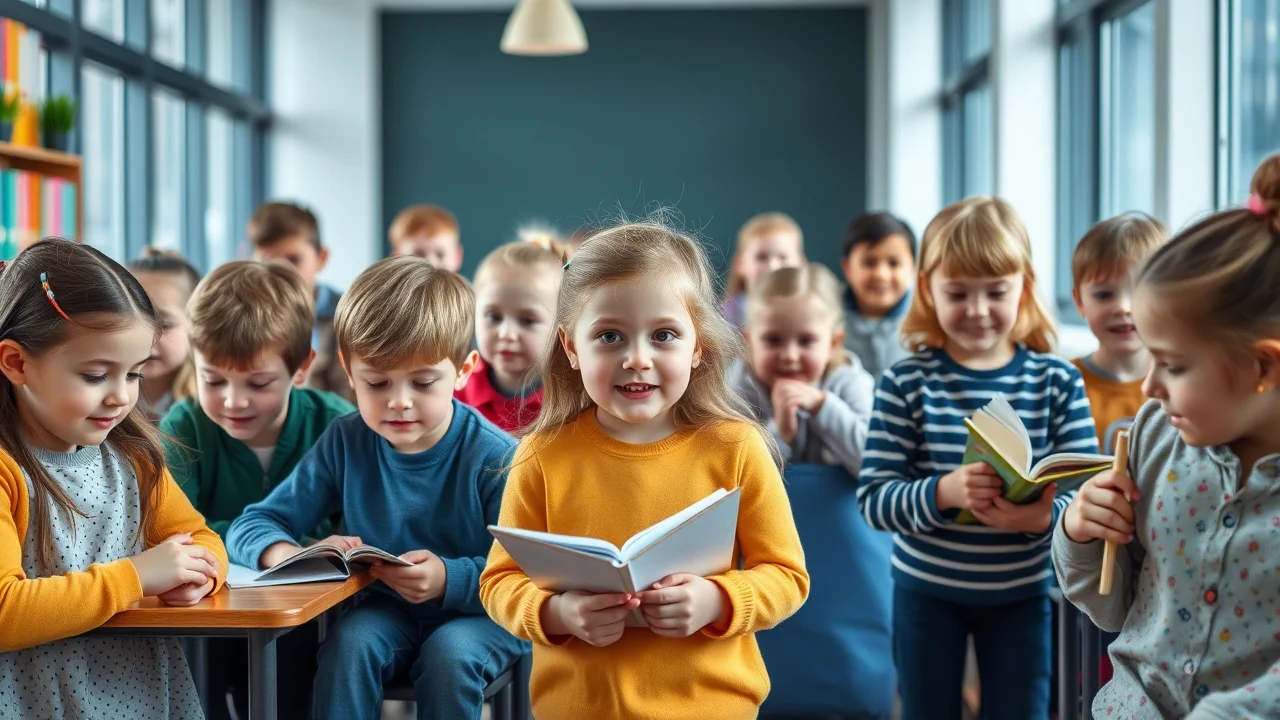 Un gruppo eterogeneo di bambini e adolescenti finlandesi, di età compresa tra i 6 e i 18 anni, alcuni impegnati in attività scolastiche concentrate, altri in momenti di gioco più dinamico, in un ambiente educativo moderno e luminoso. L'immagine, scattata con un prime lens da 35mm, cattura la diversità e la quotidianità dei giovani, con una profondità di campo che mantiene a fuoco diversi soggetti, simboleggiando lo studio sulla durata del trattamento ADHD. I colori sono naturali e vivaci.