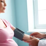 Una giovane donna incinta in un ambiente ospedaliero sereno, mentre un medico le misura la pressione con un misuratore digitale da braccio. La luce è soffusa e rassicurante, proveniente da una finestra laterale, mettendo in evidenza la cura e l'attenzione medica. Obiettivo prime 35mm, profondità di campo per sfocare leggermente lo sfondo e concentrarsi sulla paziente e il medico.