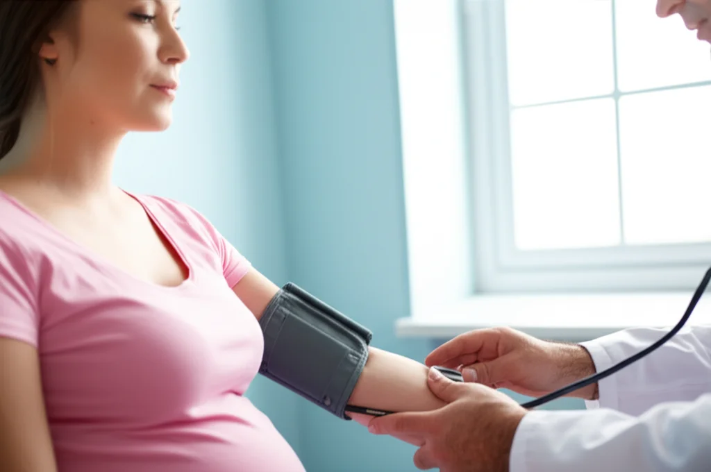 Una giovane donna incinta in un ambiente ospedaliero sereno, mentre un medico le misura la pressione con un misuratore digitale da braccio. La luce è soffusa e rassicurante, proveniente da una finestra laterale, mettendo in evidenza la cura e l'attenzione medica. Obiettivo prime 35mm, profondità di campo per sfocare leggermente lo sfondo e concentrarsi sulla paziente e il medico.